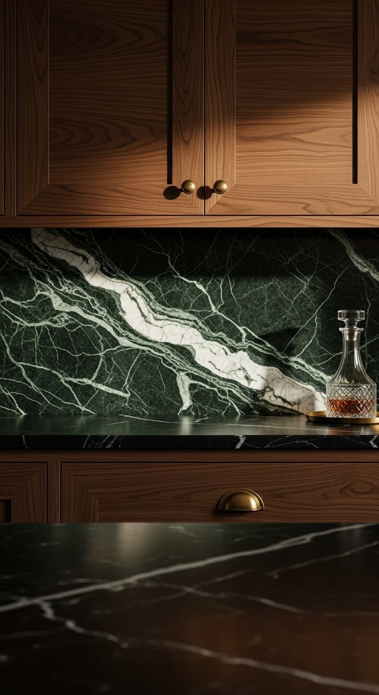 Photorealistic close-up of a striking deep Verde green marble backsplash with intricate white and light green veining in a luxurious kitchen