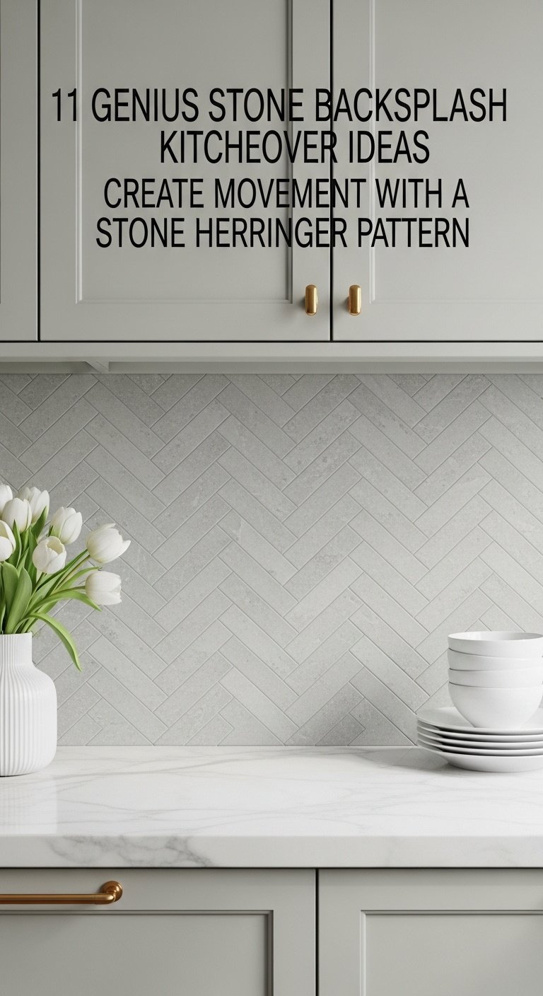 Photorealistic close-up of a stunning herringbone backsplash made from light grey limestone tiles in an elegant kitchen
