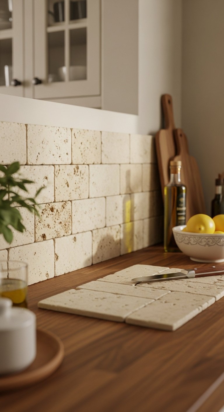 Photorealistic close-up of a tumbled travertine tile backsplash in creamy beige and warm tan tones in a cozy kitchen