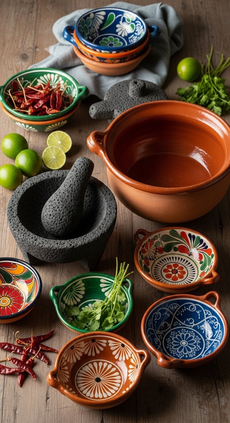 Photorealistic handcrafted Mexican pottery display molcajete cazuela ceramic bowls dried chilies limes cilantro rustic wooden table