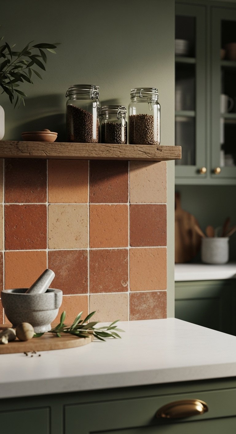 Photorealistic kitchen backsplash with terracotta zellige tiles rustic wooden shelf spice jars and dark green cabinetry