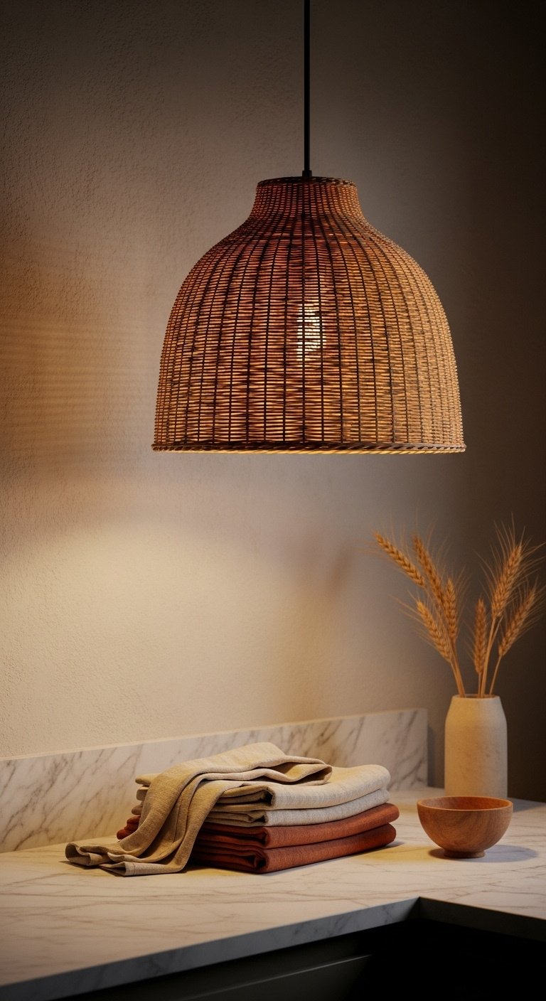 Photorealistic kitchen counter with woven rattan pendant light linen dish towels and dried wheat stalks in warm moody light