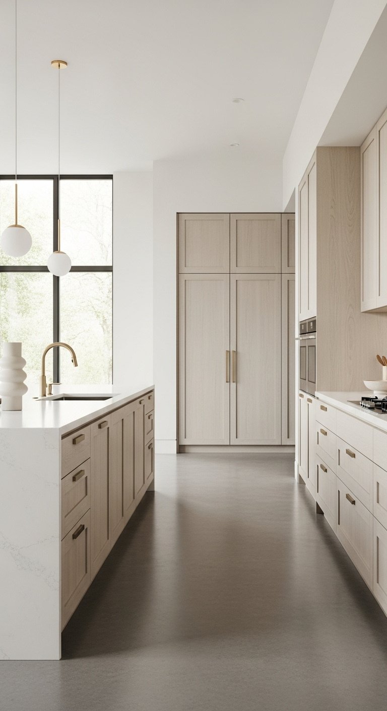 Photorealistic modern white oak kitchen with flat-panel cabinets waterfall island and minimalist decor in a warm elegant setting