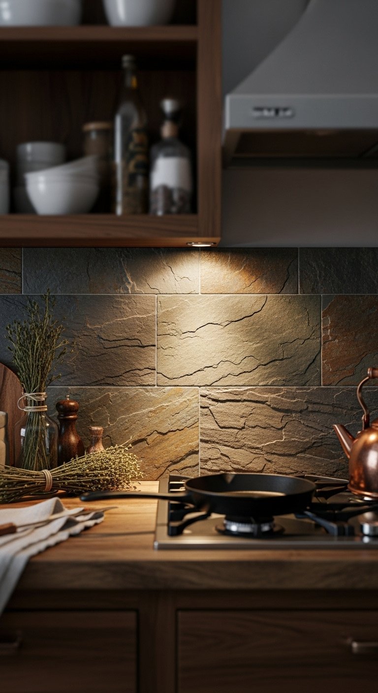 Photorealistic multi-tonal slate tile backsplash with rich gray green and earthy brown textures in a rustic kitchen with wood cabinets