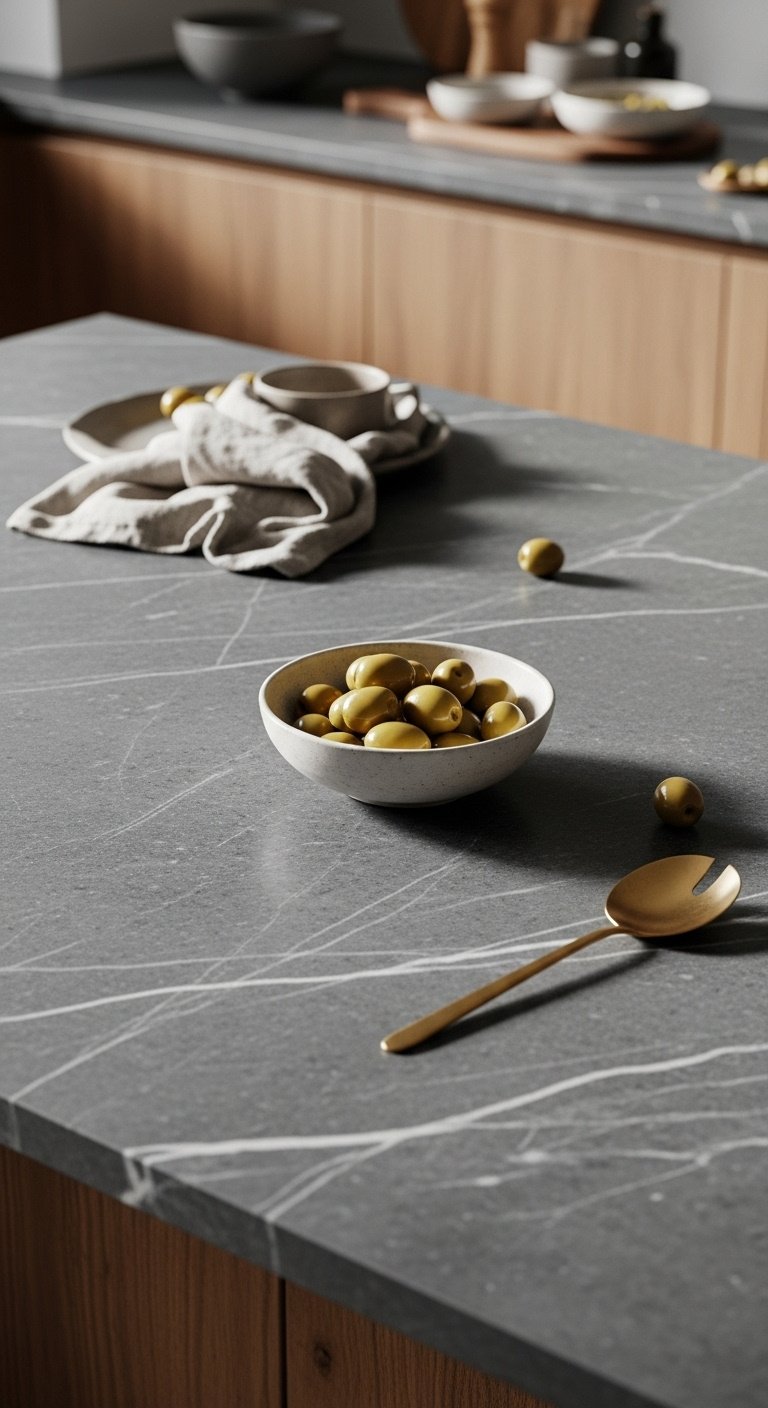 Photorealistic natural soapstone kitchen island countertop with subtle white veining a ceramic bowl of olives and warm wood cabinetry