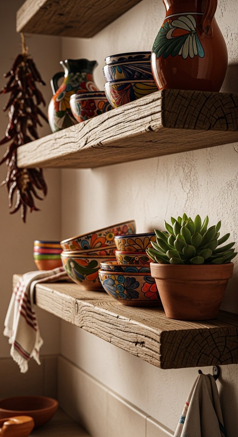 Photorealistic rustic wooden open shelves with colorful Mexican pottery succulents dried chilies handwoven towel warm stucco wall