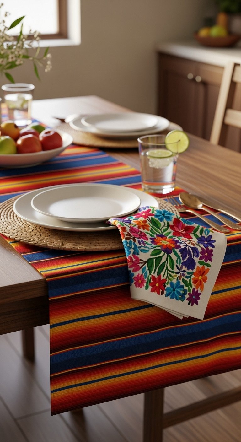 Photorealistic vibrant Mexican textiles on kitchen table handwoven runner placemats embroidered napkin glass water lime silverware