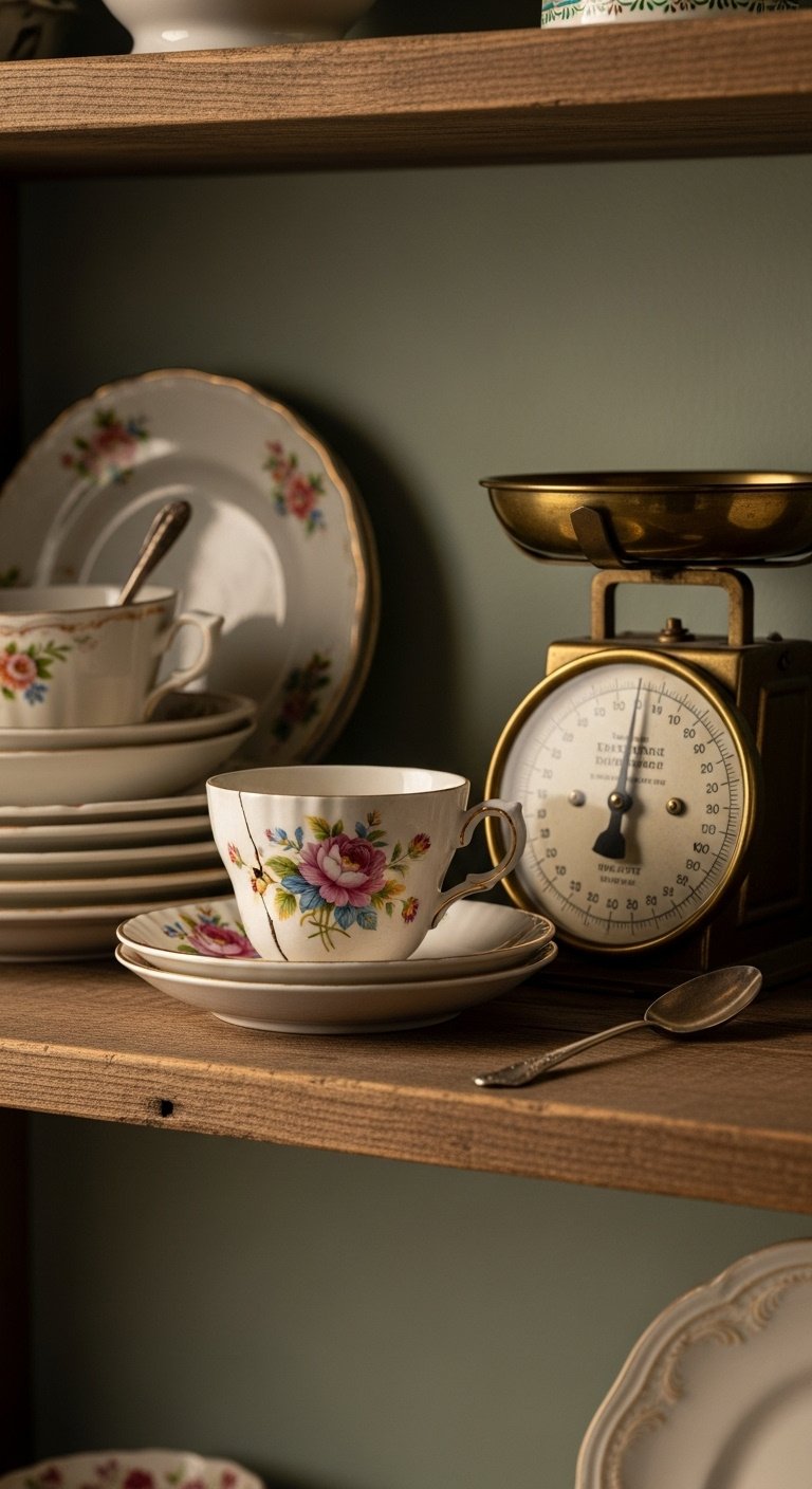 Photorealistic whimsical kitchen open shelf with vintage floral teacup antique brass kitchen scale and sage green wall