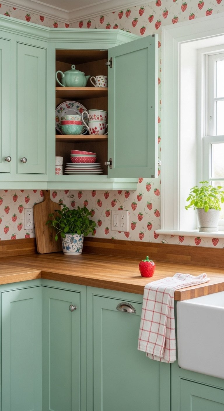 Photorealistic whimsical kitchen with mint green cabinets strawberry wallpaper vintage dishes and butcher block countertop