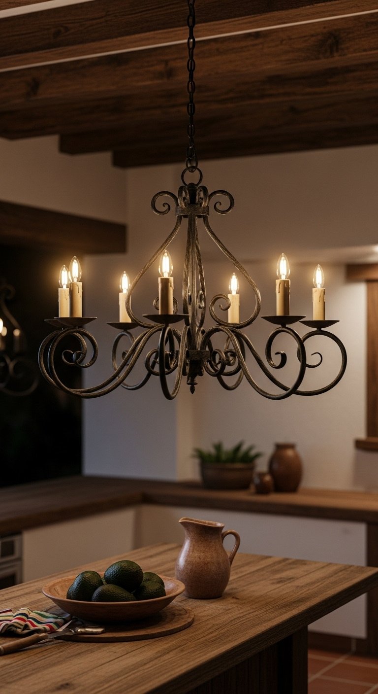 Photorealistic wrought iron chandelier over wooden kitchen island avocados pitcher exposed wooden beams terracotta floor tiles