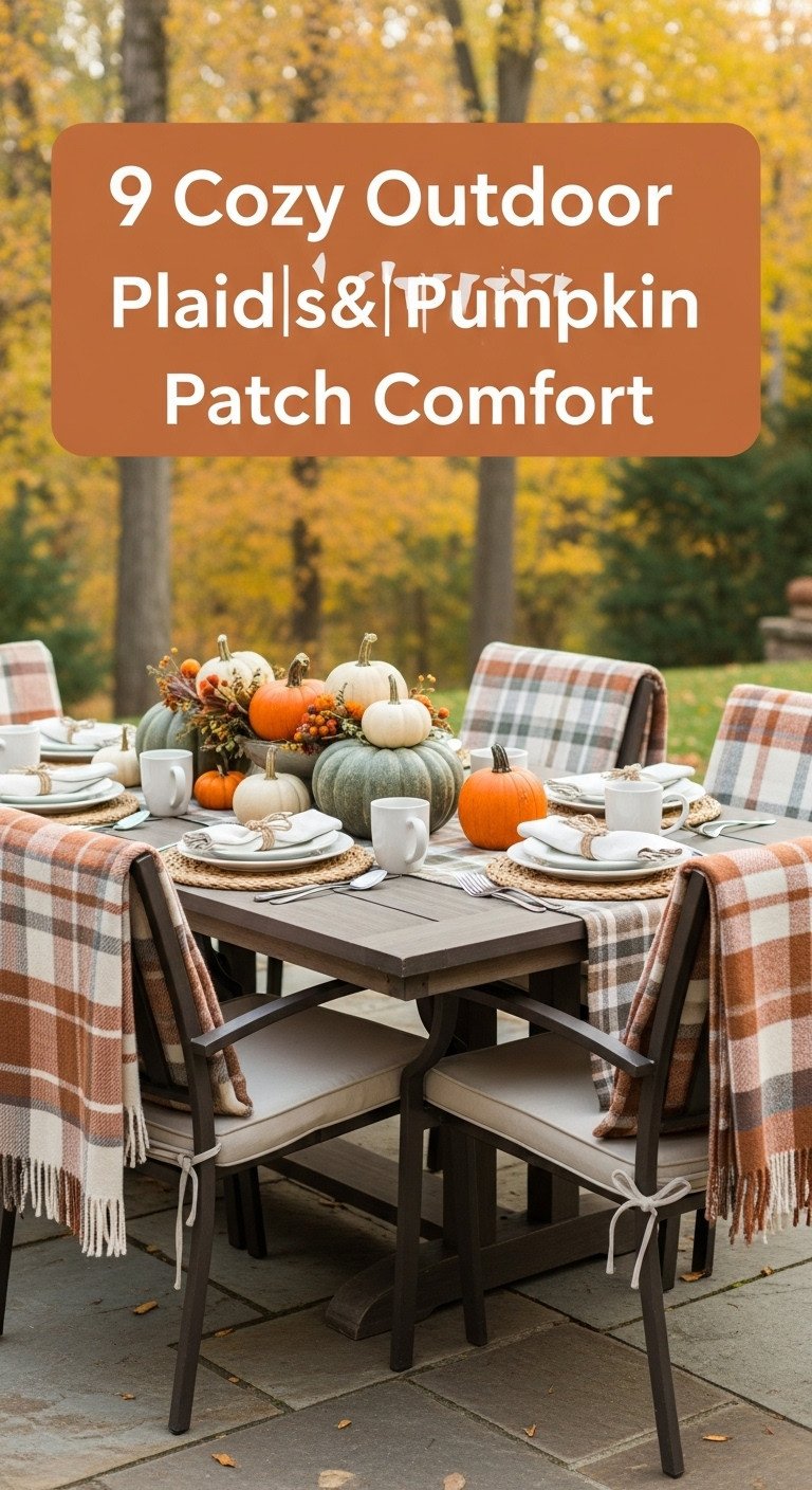 Plaid and pumpkin patch comfort outdoor Thanksgiving table with plaid blankets matching runner and heirloom pumpkins in muted hues