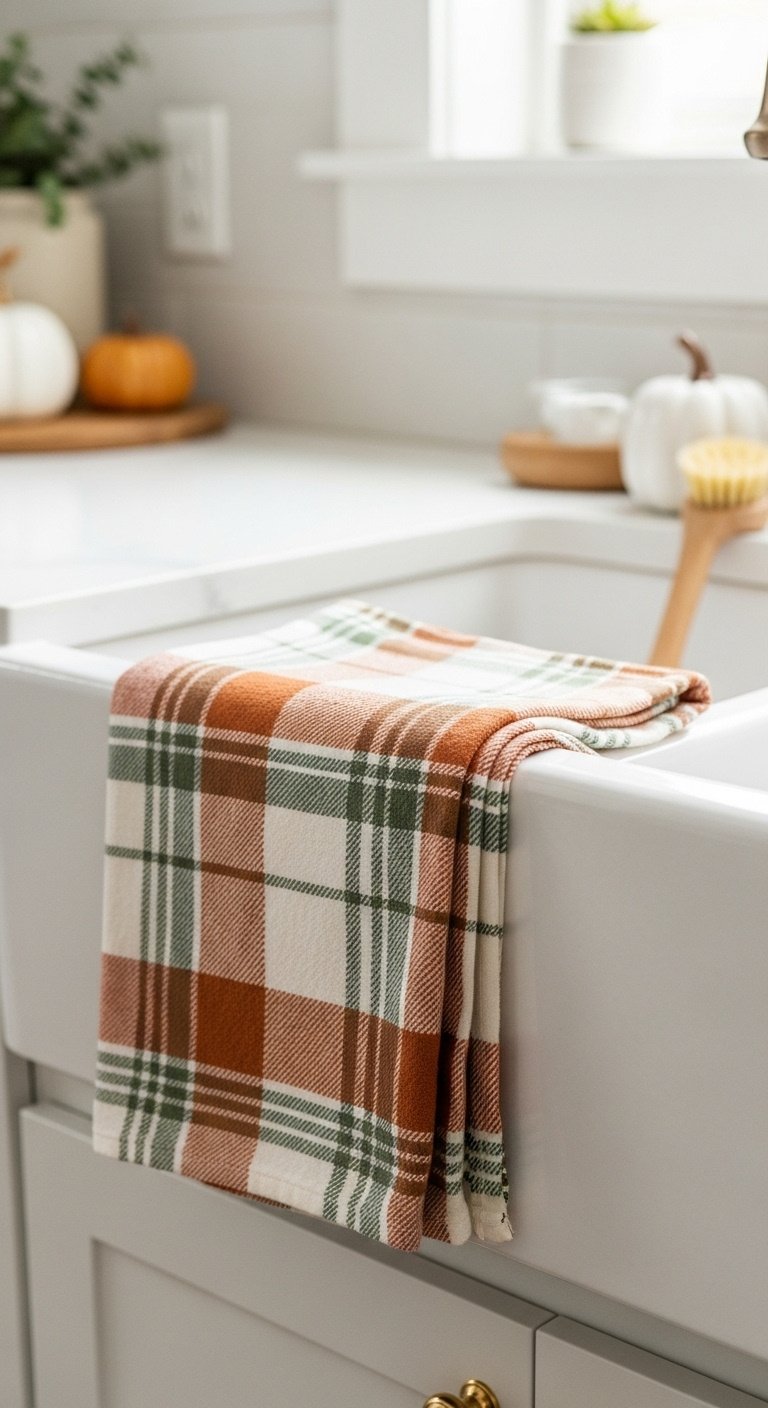 Plaid dish towel on farmhouse sink with ceramic pumpkin and wooden brush, cozy fall kitchen decor