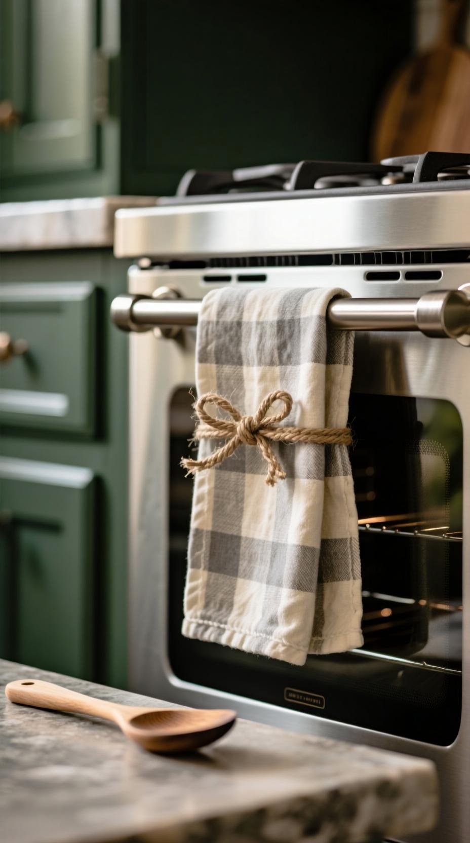 Plaid kitchen towel with jute bow draped on a stainless steel oven handle in a cozy farmhouse kitchen