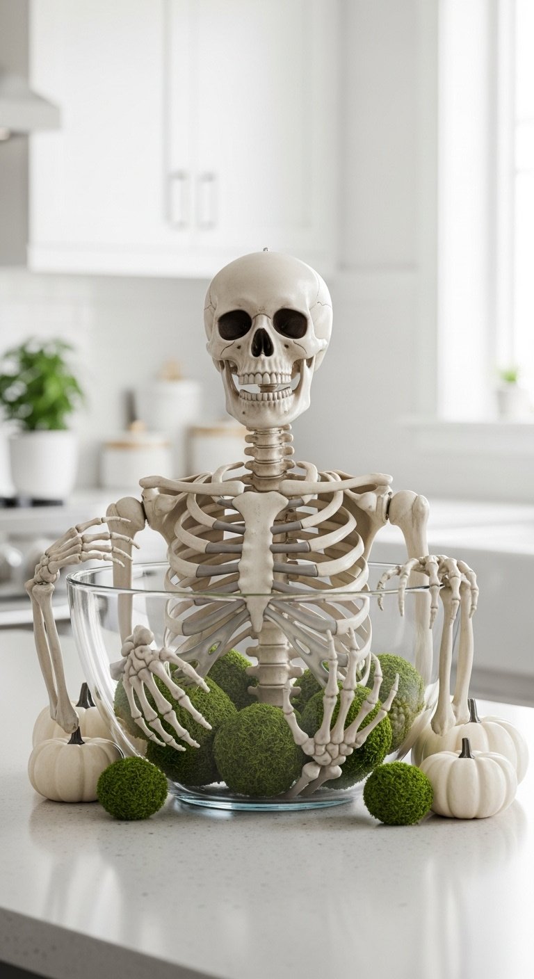 Plastic skeleton torso and ribcage in a glass salad bowl with bony hands climbing out, surrounded by moss balls and white pumpkins