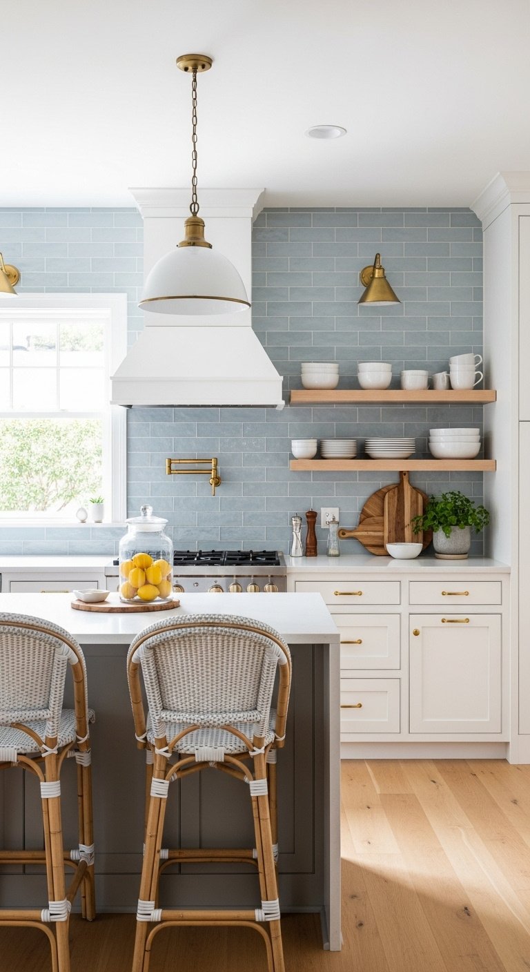 Playful coastal kitchen with white shaker cabinets sea glass blue subway tile light wood open shelving and morning sun