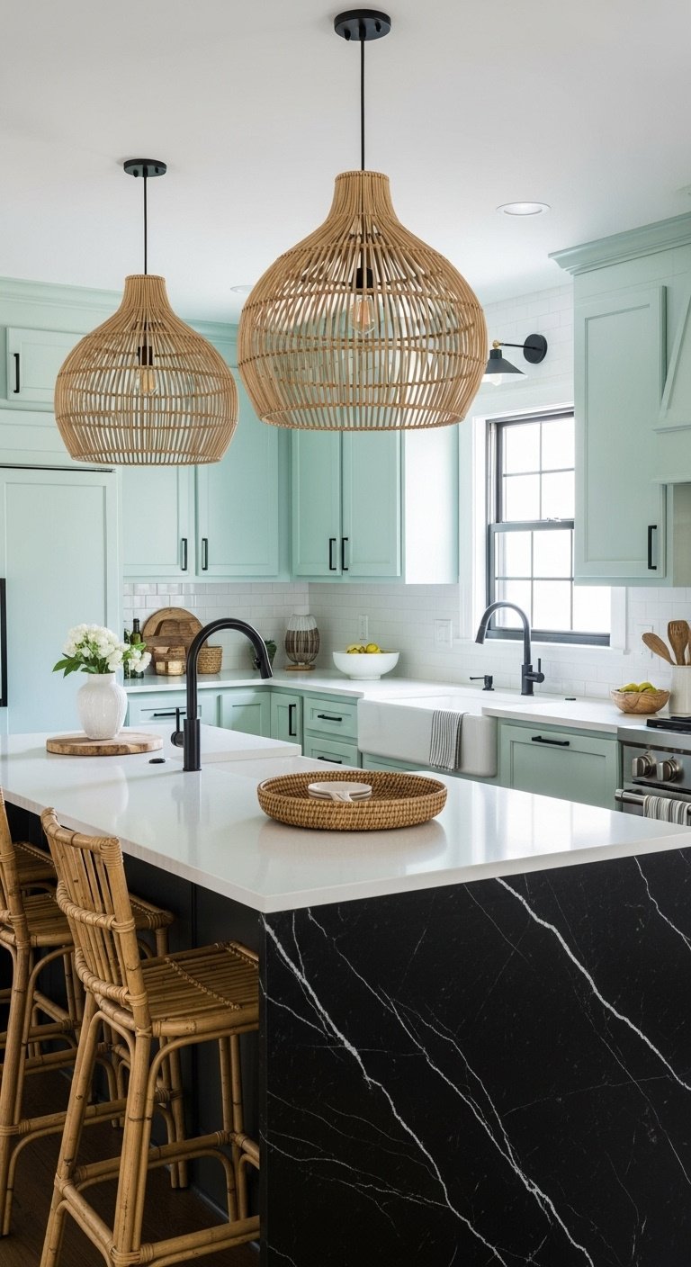Playful mint green kitchen cabinets with rattan light fixtures white countertops and black hardware for a sophisticated retro look