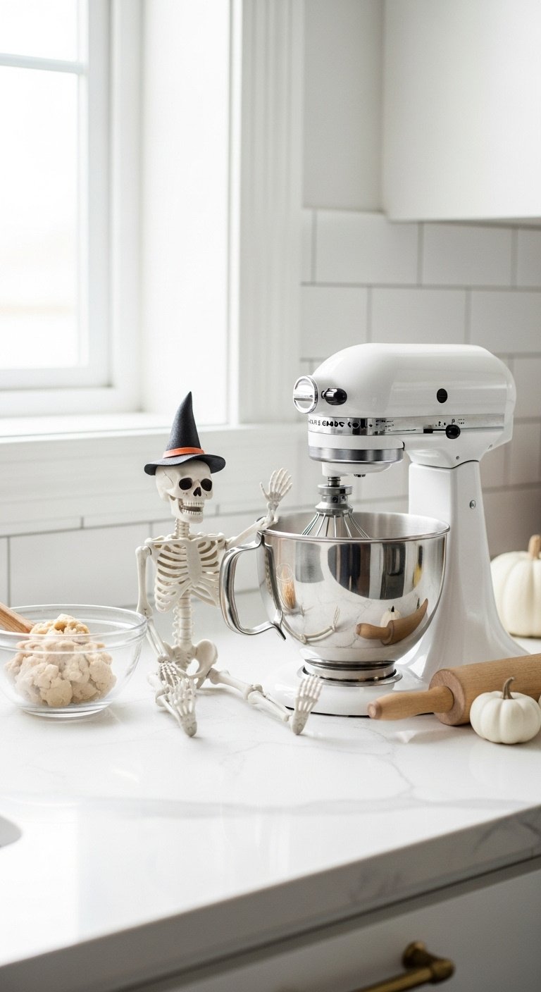 Playful skeleton sous chef in a tiny witch hat next to a stand mixer on a white quartz kitchen counter with mini pumpkins