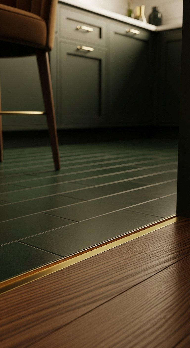 Polished brass strip inlaid between dark green zellige kitchen tiles and hickory hardwood with warm moody light and elegant minimalist mood