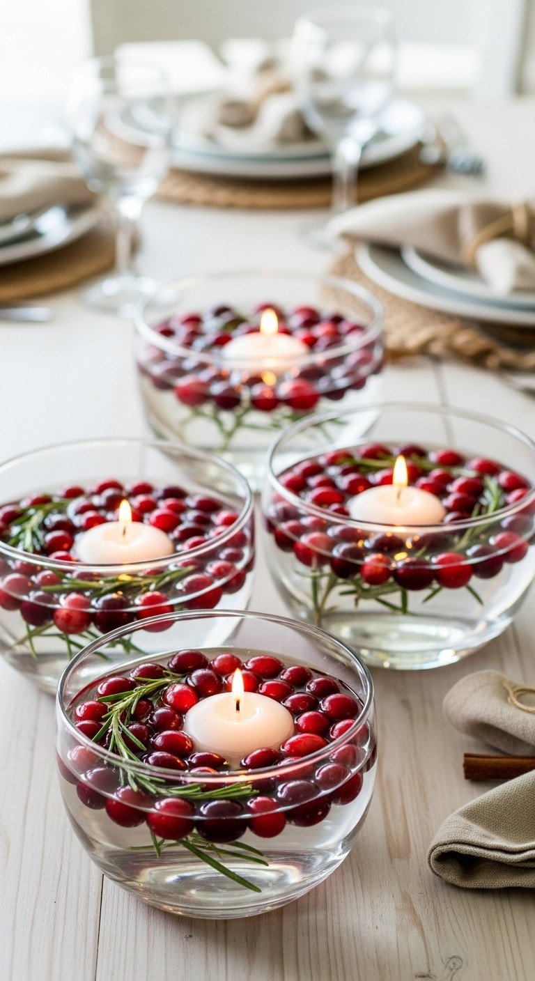 Pop of color Thanksgiving centerpiece with floating candles cranberries water and fresh rosemary in clear glass bowls