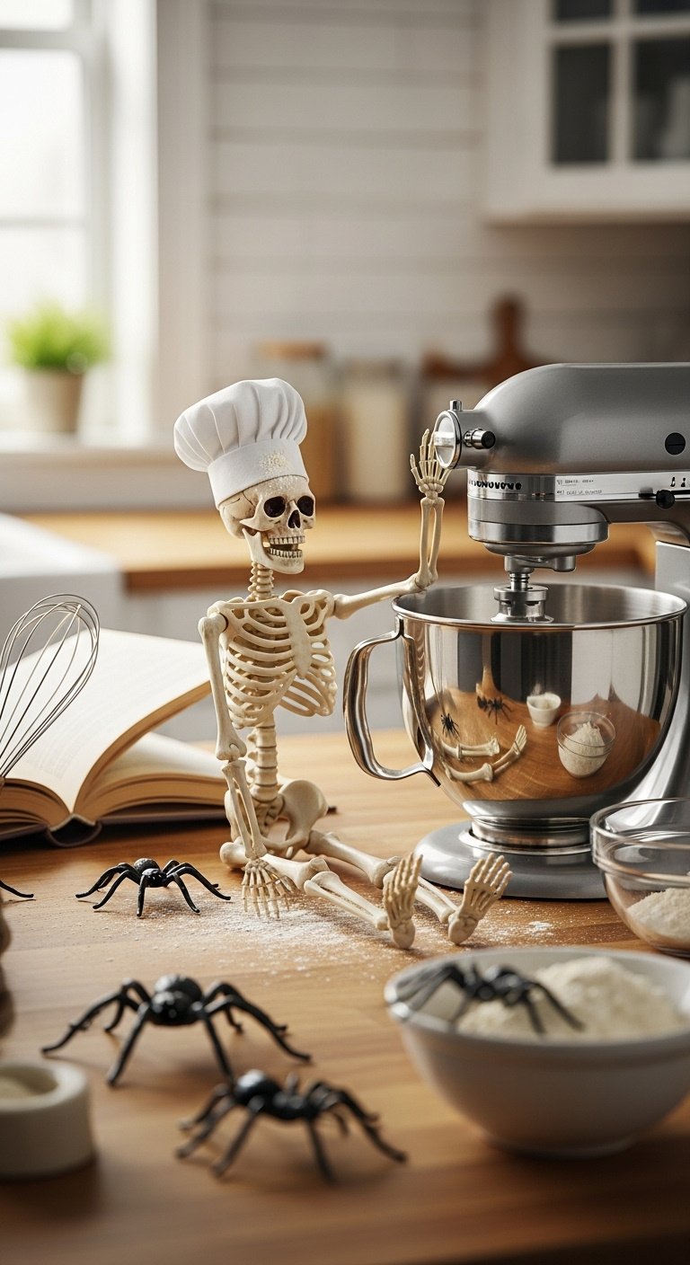 Poseable skeleton sous chef with a chef's hat and flour next to a stand mixer with plastic spiders and a cookbook
