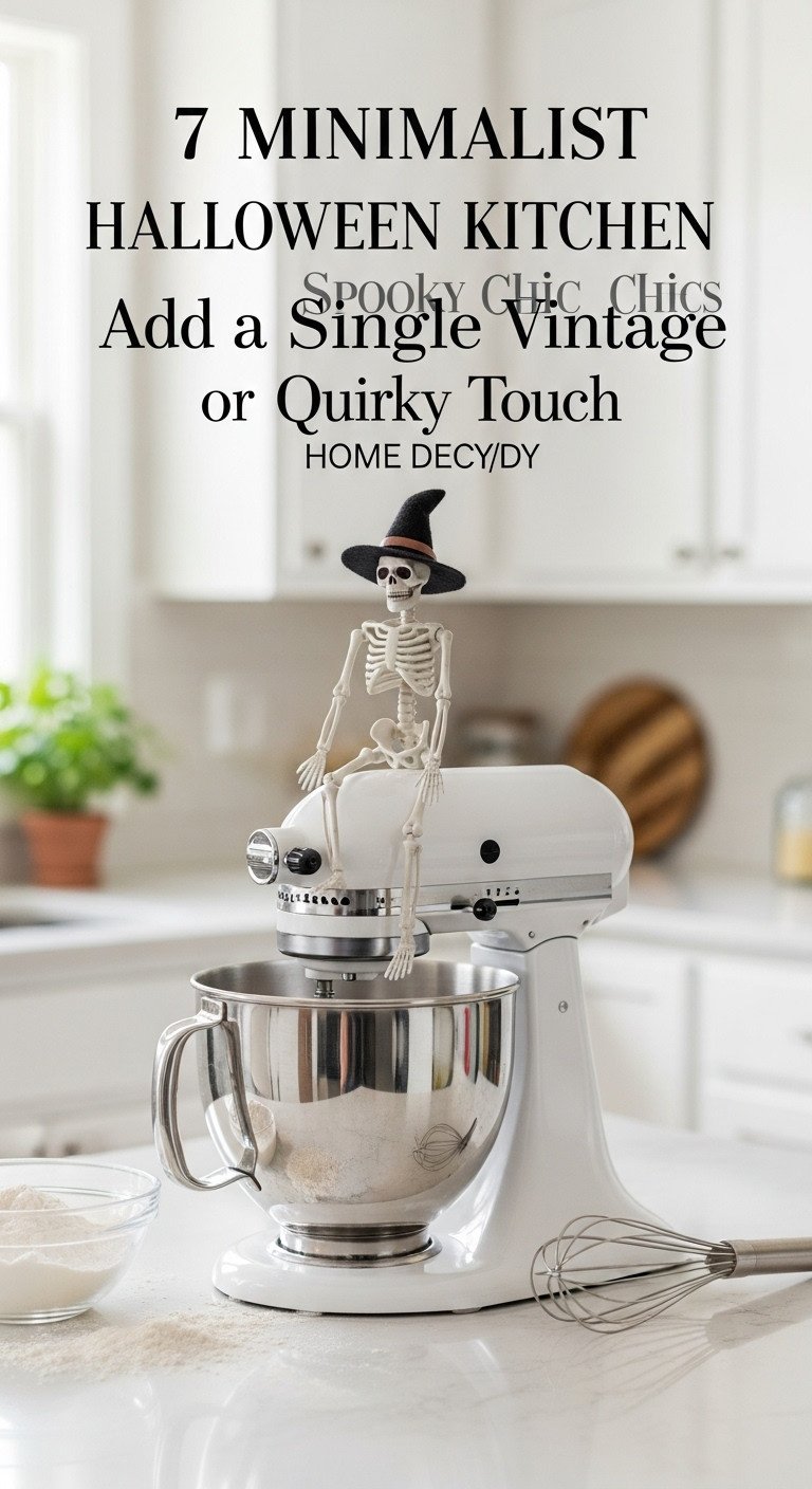 Poseable skeleton with witch hat perched on a stand mixer on kitchen counter with baking supplies