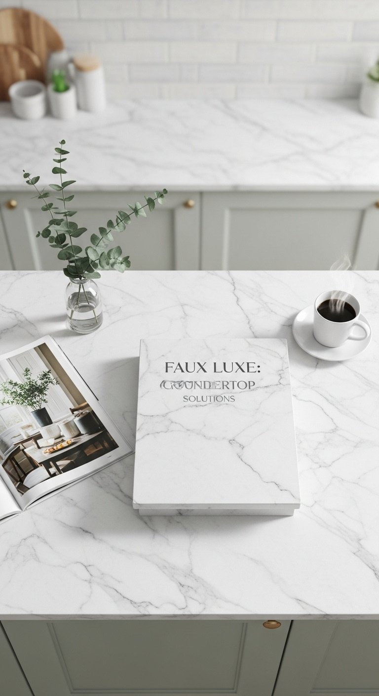 Pristine kitchen countertop covered in high quality white marble contact paper with realistic grey veining a sprig of eucalyptus and coffee