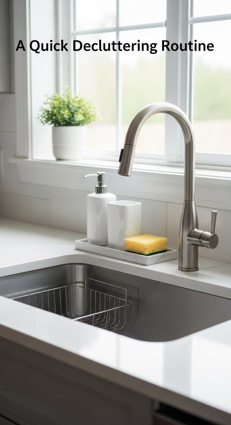Pristine organized kitchen sink area with stylish soap dispenser set on a tray and clear sparkling countertops in morning light