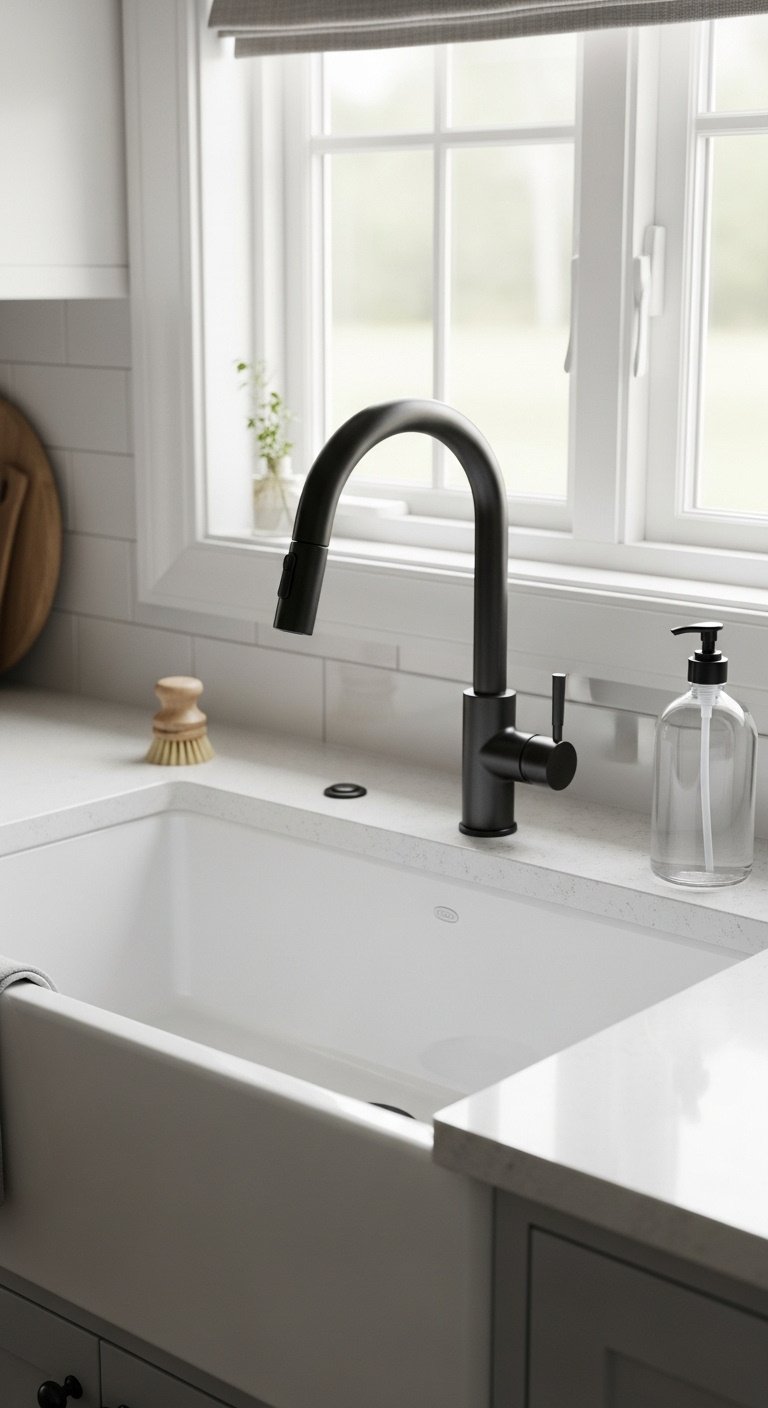Pristine white fireclay apron front farmhouse sink with matte black high arc faucet on a light gray quartz countertop with natural light