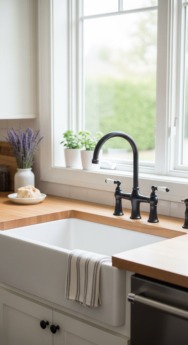 Pristine white fireclay apron front sink with butcher block countertop matte black gooseneck faucet lavender and linen dish towel