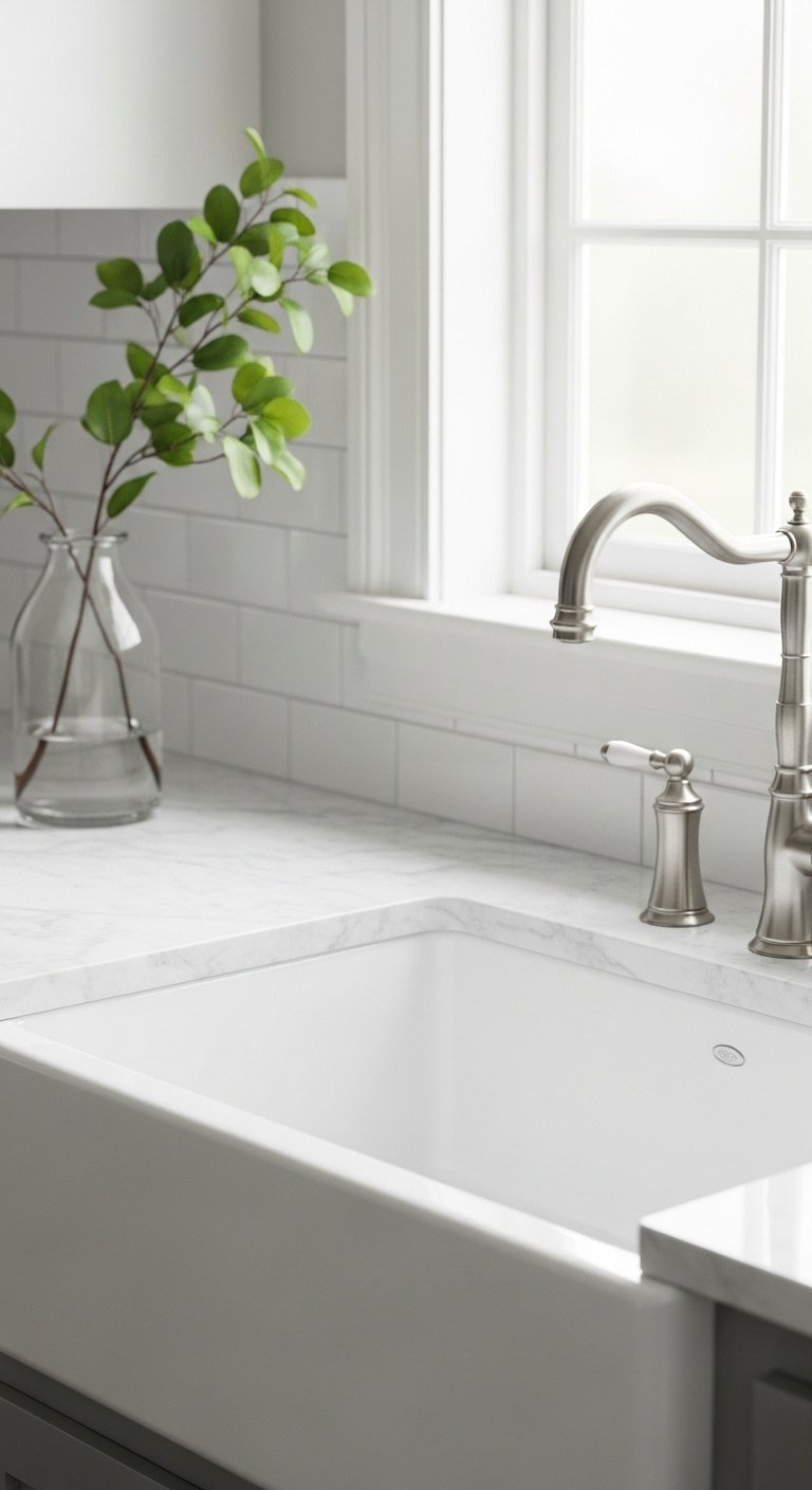 Pristine white fireclay undermount sink in Carrara marble countertop with polished nickel faucet and green branch for an elegant kitchen