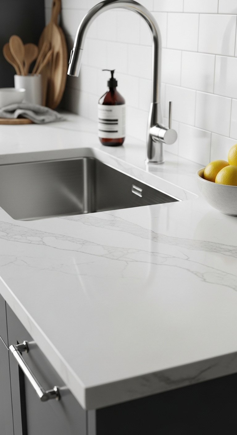 Pristine white quartz countertop with grey veining and undermount sink in a modern kitchen remodel from 90s style