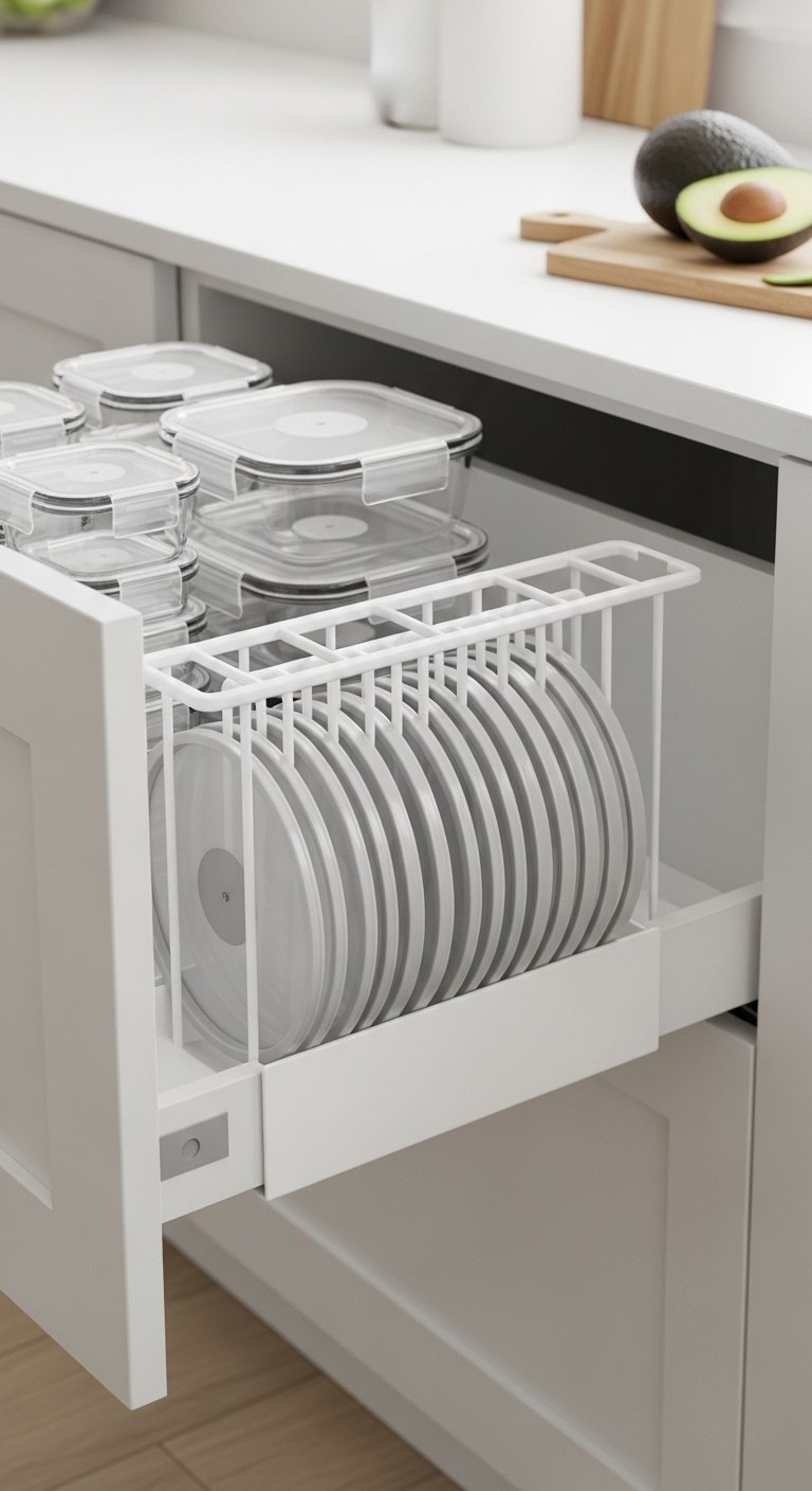 Pull-out deep kitchen drawer with nested glass food containers and a white adjustable lid organizer with vertically filed lids