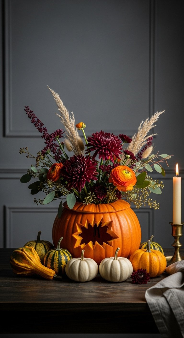 Pumpkin and gourd medley centerpiece for a fall tablescape with burgundy mums dried grasses orange ranunculus and lit candle