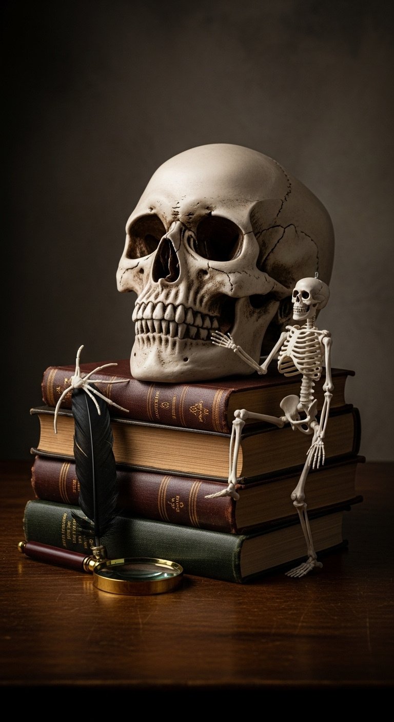 Realistic human skull and playful plastic skeleton on antique books with a black feather and magnifying glass on a dark wood table