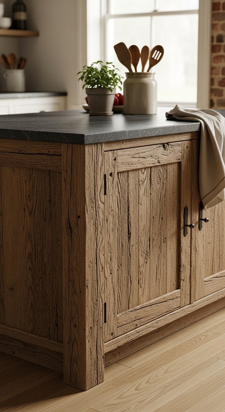 Reclaimed oak kitchen island with soapstone top and natural light in a rustic farmhouse kitchen setting