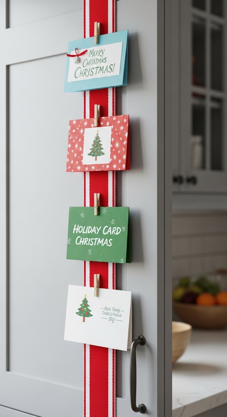 Red and white striped ribbon on a light gray kitchen cabinet displaying colorful Christmas cards with clothespins