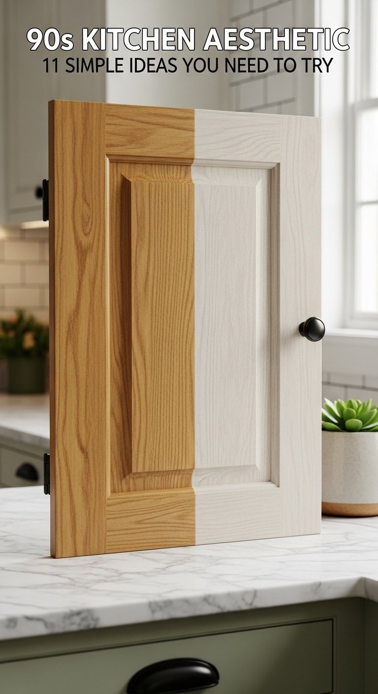 Refinished white oak kitchen cabinet door with a before and after honey oak comparison on a marble countertop with a succulent