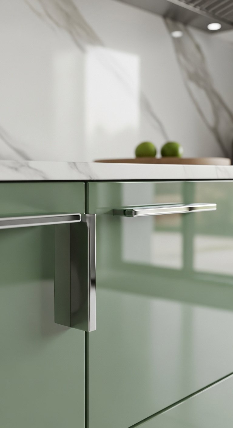 Reflective high-gloss rich sage green flat panel cabinet polished chrome edge pull marble backsplash stainless steel appliance fruit