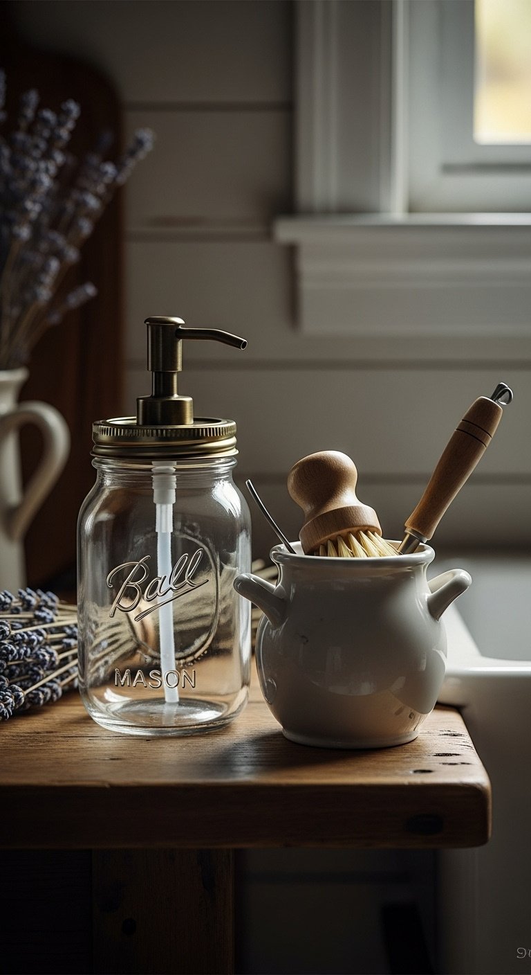 Repurposed Mason jar soap dispenser and antique ironstone pot with wooden scrub brush on a rustic wood table in a farmhouse kitchen