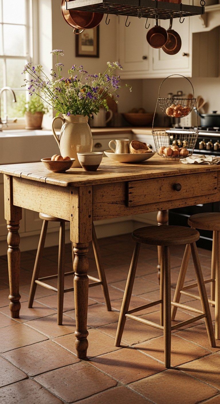 Repurposed antique farm table as a rustic kitchen island with vintage stools and wildflowers under golden hour light