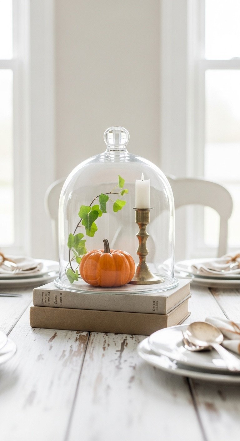Repurposed cloche Thanksgiving round table decor with pumpkin ivy and brass candlestick on vintage books and distressed white table