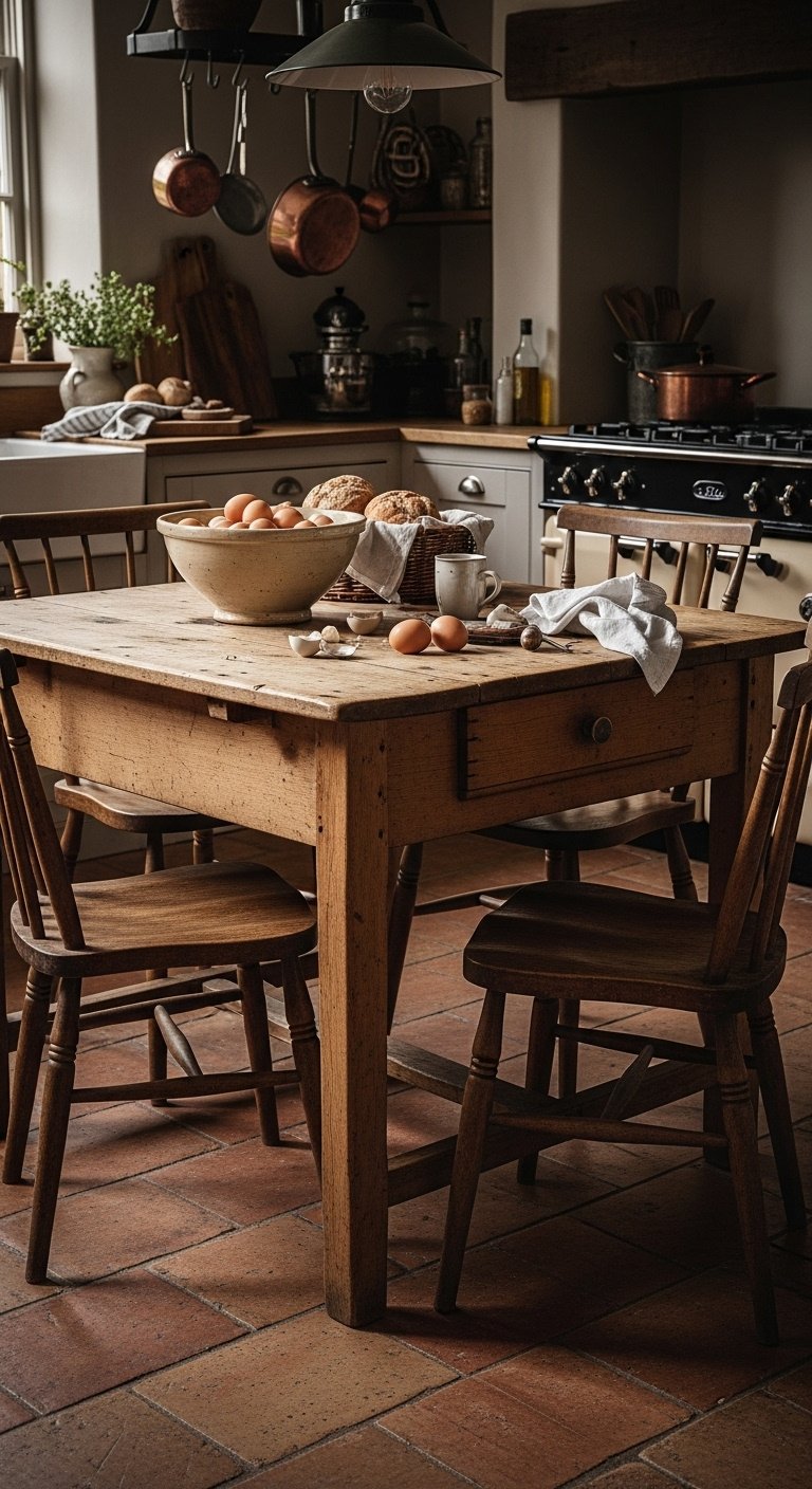 Repurposed vintage farmhouse table as kitchen island with distressed wood mismatched chairs and rustic kitchen decor