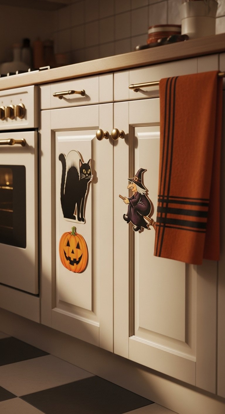 Retro Halloween die cuts of a black cat, jack-o'-lantern, and witch on cream-colored kitchen cabinet doors with brass knobs and a striped towel
