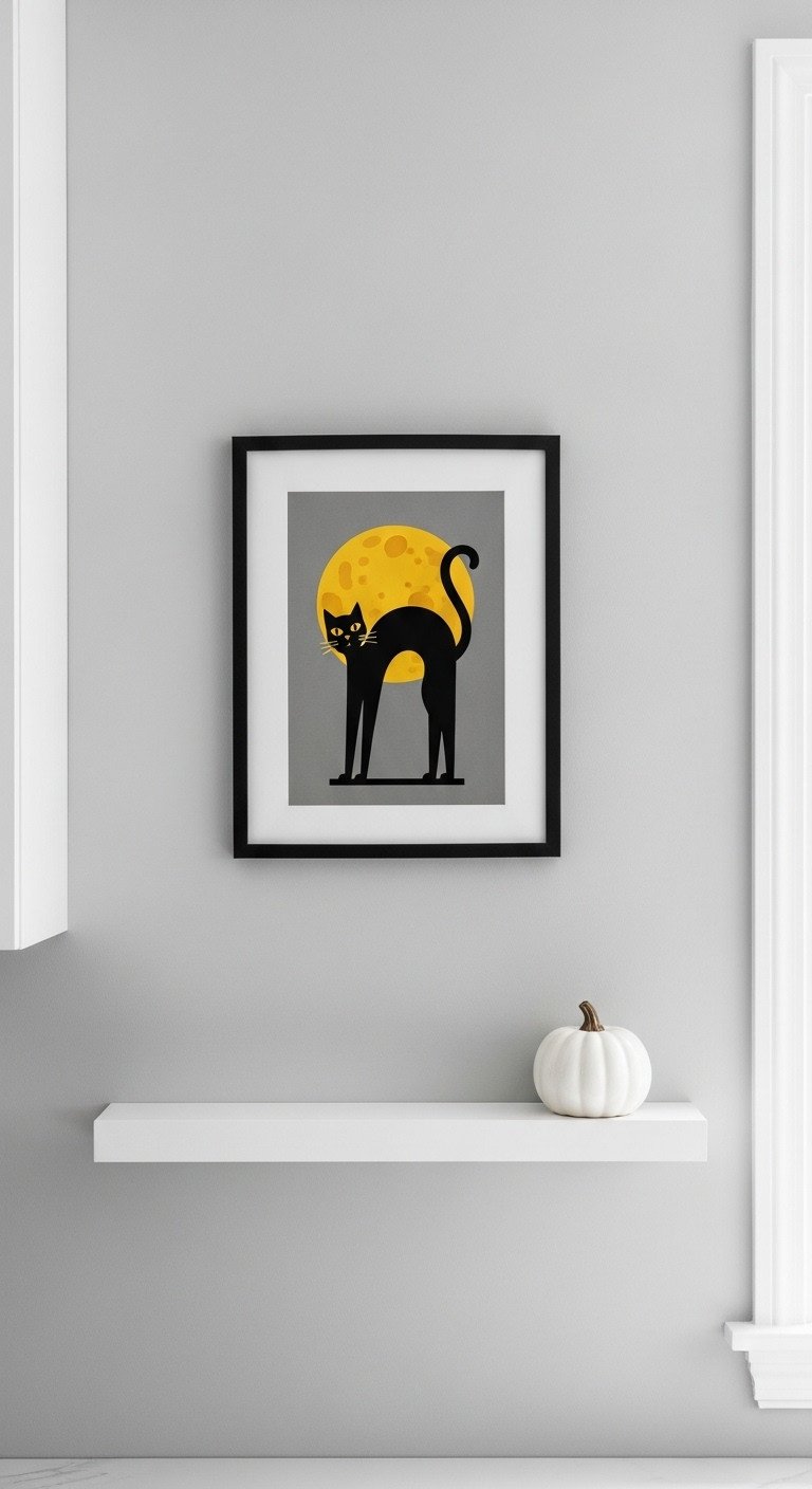 Retro Halloween kitchen decor with vintage black cat art print in black frame and a white ceramic pumpkin on a floating shelf