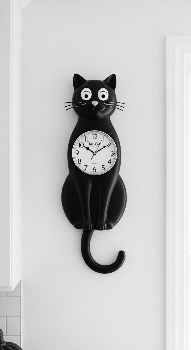 Retro Halloween kitchen featuring a classic black Kit-Cat Klock with rolling eyes and wagging tail on a minimalist wall