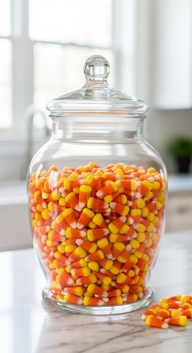 Retro Halloween kitchen with a clear glass apothecary jar filled with vibrant candy corn on a marble countertop festive treat