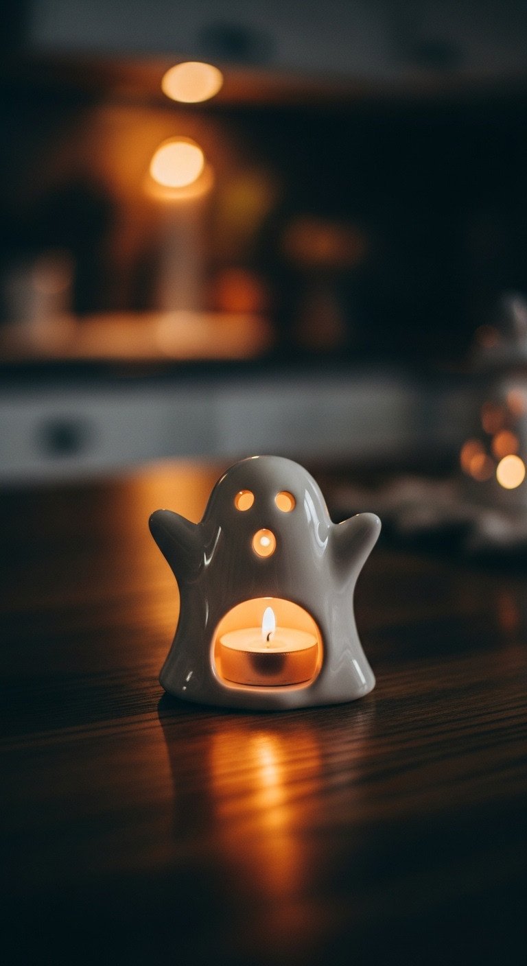 Retro Halloween kitchen with a glowing white ceramic ghost tealight holder on a dark wood table cozy spooky ambiance