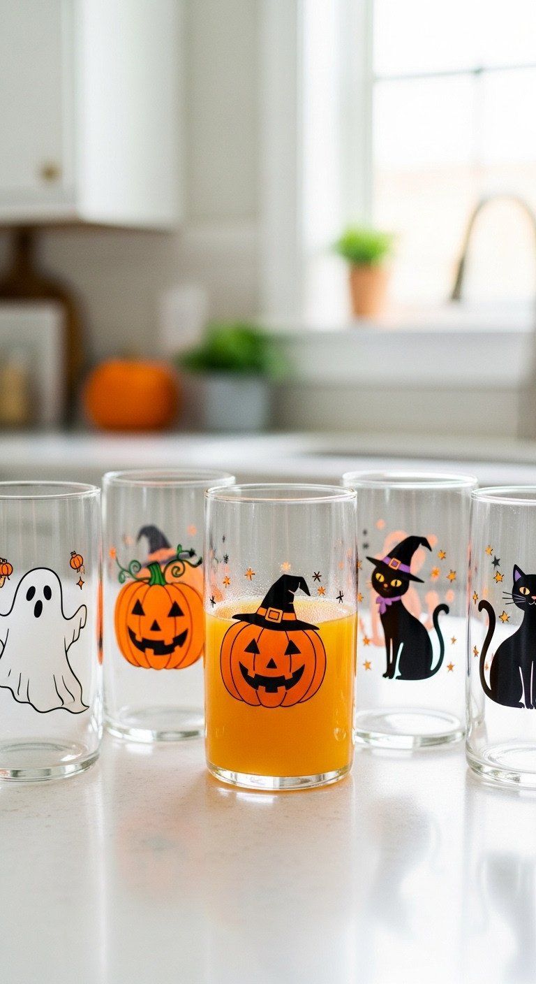 Retro Halloween kitchen with a set of Johanna Parker-style drinking glasses featuring ghosts pumpkins witches and black cats