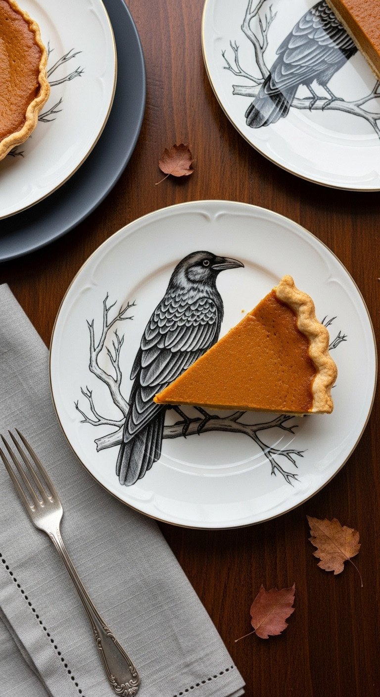 Retro Halloween kitchen with a vintage Lenox dessert plate featuring a raven and pumpkin pie on a dark wood table elegant serving
