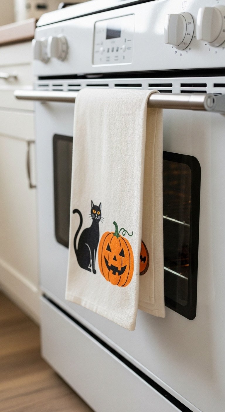 Retro Halloween kitchen with a vintage-inspired towel featuring a black cat and jack-o'-lantern hanging from an oven door handle